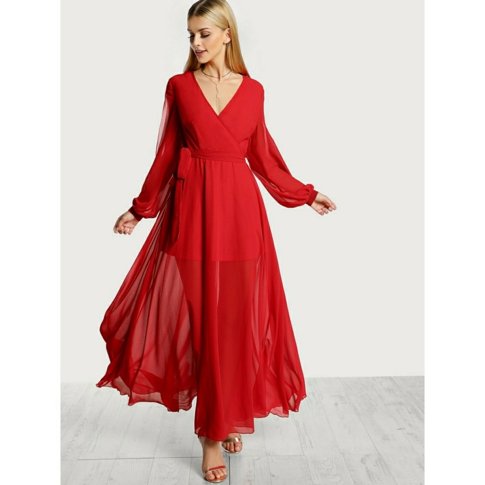 🎀🛍Cutout Lantern Sleeve Surplice Wrap Flowy Dres